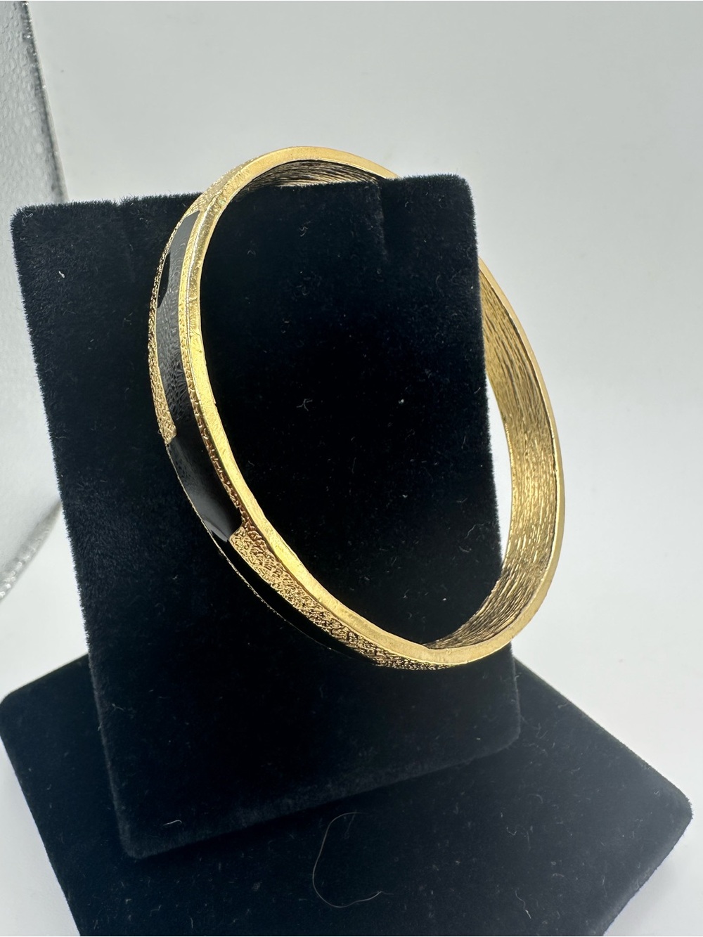 Trifari Gold-Tone Bangle with Black Enamel Inlay, Vintage